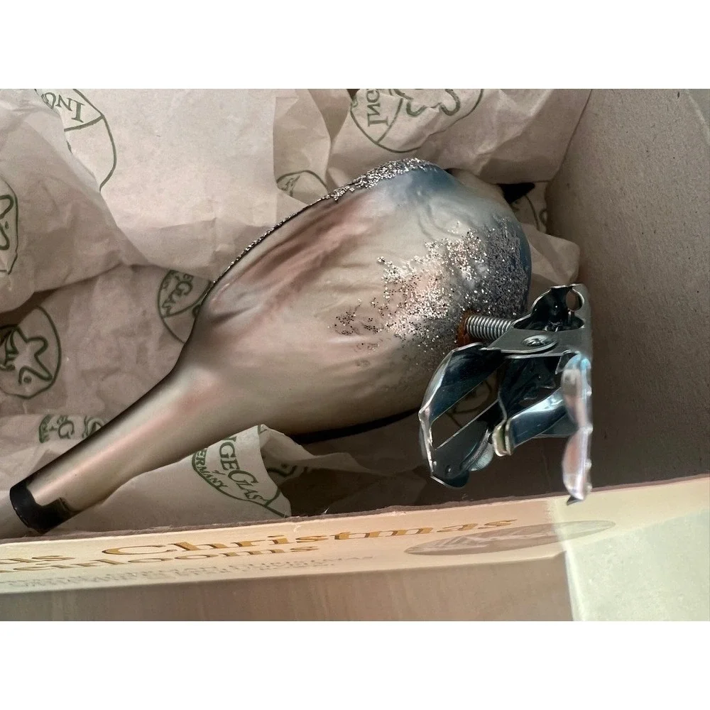 Inge-Glas Forest Finch Glass Ornament Silver Blue Clip-On Germany 34-718